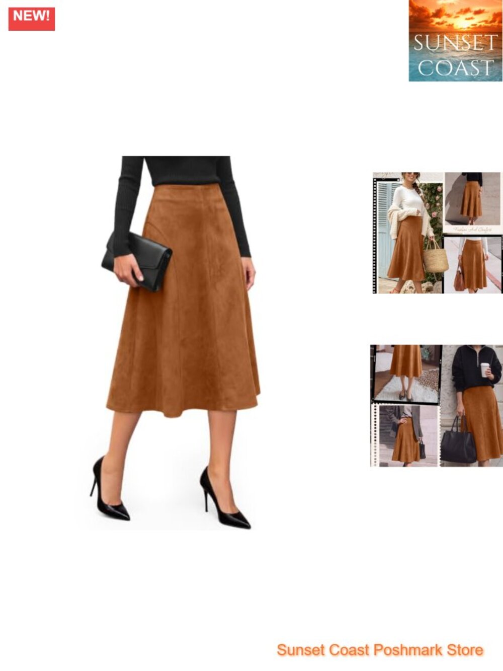 Faux Suede Midi Skirt High Waist A Line Flared Hem Vintage Style